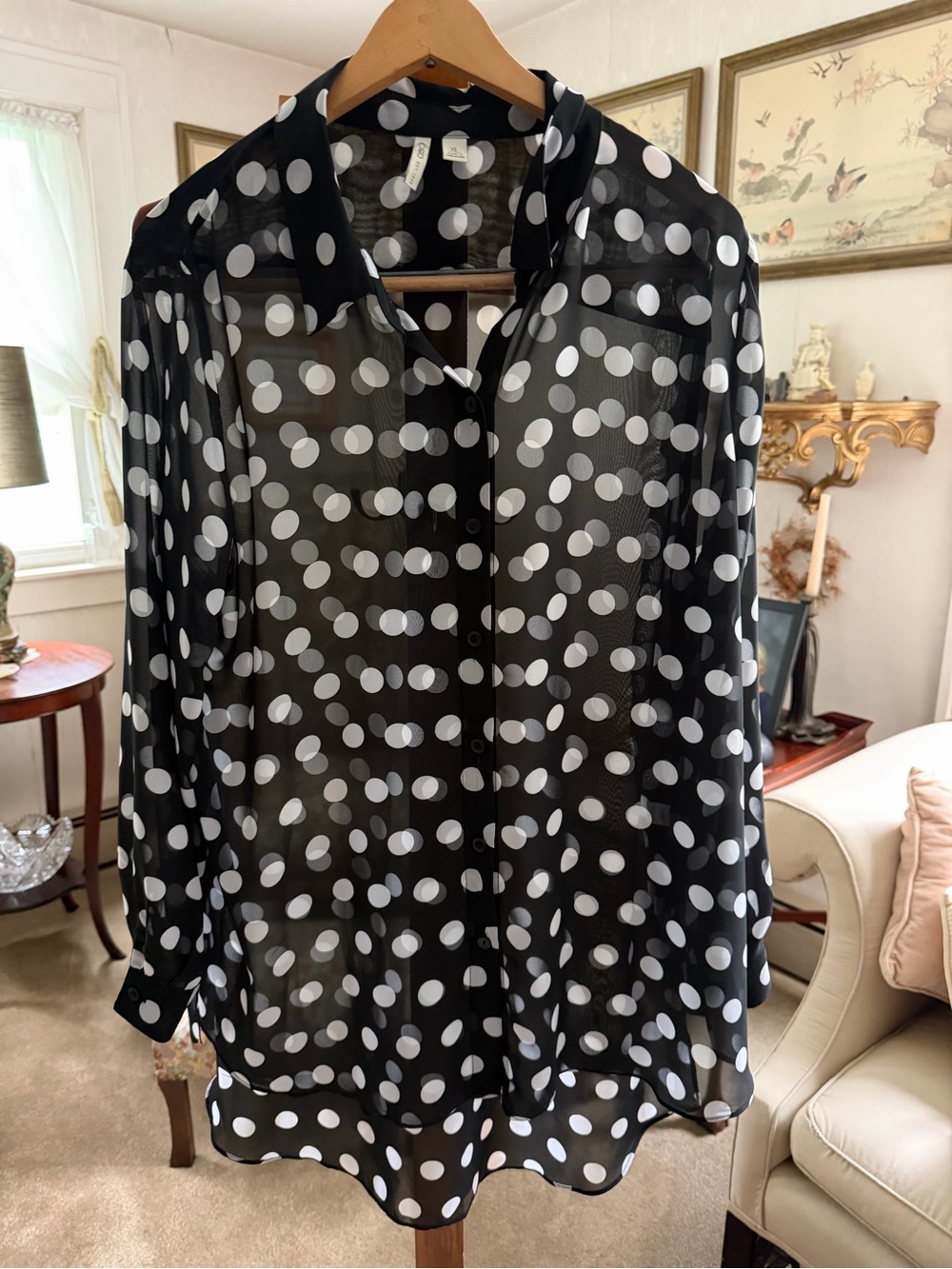 Cato Plus Size XL Sheer Polka Dot Asymmetrical High Low Button Down Blouse